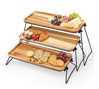 3 Tier Acacia Wood Serving Tray, Cupcake Stand with Metal Frame for Buffet