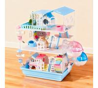 3 Tier Acrylic Hamster Cage 35 x 26 x 51 cm Hamster House Magnetic Design Hamster Villa with Water Bottle, Feeding Bowl, Exercise Bike, Bathtub and Colourful Bridge, Removable Base, Blue