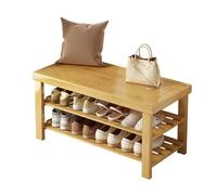 3-Tier Bamboo Shoe Rack Bench with Carved Stool Entryway Storage Organizer Stylish Hallway Shelf for Shoes Living Room Furniture Wood Color (69X27X45CM)