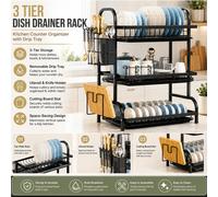 3-Tier Black Dish Drying Rack Drip Tray 3 Tier Set