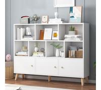 3-Tier Bookcase with Doors and Cabinet,Tall Bookcase with Open Storage,Bookshelf Floor Standing Display Storage Shelf,Slim MDF Bookcases for Living Room,Home Office A,120 * 24 * 107CM