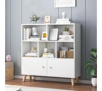 3-Tier Bookcase with Doors and Cabinet,Tall Bookcase with Open Storage,Bookshelf Floor Standing Display Storage Shelf,Slim MDF Bookcases for Living Room,Home Office A,80 * 24 * 107CM