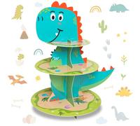 3-Tier Cardboard Cupcake Stand - Dinosaur Theme Cupcake Holder for Boys Kids - Jungle Party Birthday Supplies