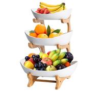 3 Tier Ceramic Fruit Bowl Set with Bamboo Wood Stand, Large Capacity Storage Basket, Kitchen Counter Snack Holder, Tiered Dessert Serving Plate, Tray Rack for Vegetable,Bread,Candy,Cake,Party (White)