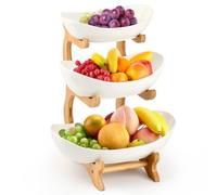 3-Tier Ceramic Fruit Stand with Bamboo Rack, Oval Bowls for Fruit, Vegetable, Snack Storage, Space-Saving