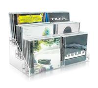 3-Tier Clear Acrylic CD Holder - Cascading Storage Rack for DVD, CD Display & Vinyl Records - Holds 24 Standard Cases for Media Shelf Organization (Clear, Medium Size)