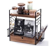 3-Tier Coffee Station Organizer with Slide Out Drawer, 2 Metal Baskets & 6 Hooks, Bathroom Organiser, Mug Storage for Home, Office, Wooden Desk Organiser, Kitchen Shelf Organiser for Countertop