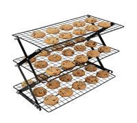 3-Tier Collapsible Cooling Rack - Adjustable & Stackable Wire Baking Rack with Stable X-Leg Design, Space-Saving Cooling Racks for Cooking, Baking Cookies, Cakes, Roasting & Drying (Black)
