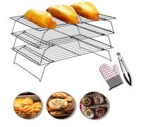 3 Tier Cooling Rack for Baking,40×25cm Non-Stick Collapsible Kitchen Baking Accessories,Wire Cake Racks for Muffins,Cookies,Pizza and Grilling,Black