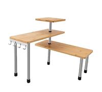 3 Tier Corner Shelf with 4 Hooks Countertop Organizer Kitchen Counter Corner Shelf Desktop Bamboo Rack 360° Adjustable Orientation 3-Tier Spice Racks Storage Rack for Kitchen, Bathroom, Cabinet, Table