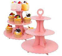 3-Tier Cupcake Stand 2 Pack Dessert Cup Cake Stand Tower Paper Round Cake Display Serving Plate for Anniversary Christening Disposable Pastry Holder for Birthday Wedding Party Decoration (Pink)