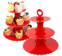 3-Tier Cupcake Stand 2 Pack Dessert Cup Cake Stand Tower Paper Round Cake Display Serving Plate for Anniversary Christening Disposable Pastry Holder for Birthday Wedding Party Decoration (Red)