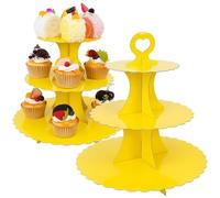 3-Tier Cupcake Stand 2 Pack Dessert Cup Cake Stand Tower Paper Round Cake Display Serving Plate for Anniversary Christening Disposable Pastry Holder for Birthday Wedding Party Decoration (Yellow)