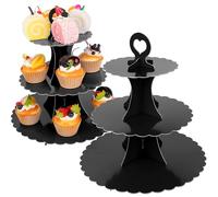 3-Tier Cupcake Stand 2 Pack Dessert Cup Cake Stand Tower Paper Round Cake Display Serving Plate for Anniversary Christening Disposable Pastry Holder for Birthday Wedding Party Decoration (Black)