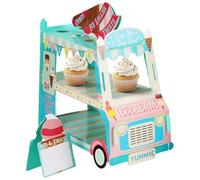 3 Tier Cute Van Shape Cardboard Cupcake Stand, Ice Cream Cart Style Kids Birthday Party Decoration for Girls and Boys