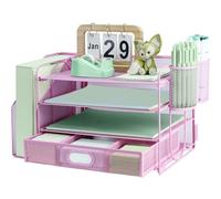 3 Tier Desk File Organiser with Extra Vertical File Sorter, Paper Letter Tray with Top Stationery Drawer Holder, A4 Paper Desktop Filing Trays, Magazine Document Holder for Home Office, Pink