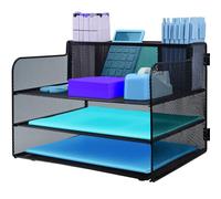 3 Tier Desk Organiser with Handle And Pencil Holder, Pull-out Mesh File Organizer for Desk Letter Tray Organizer Mesh Desk Organiser Tray Paper Storage Rack for A4 File Office Supplie, Black