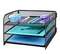 3 Tier Desk Organiser with Handle, Pull-out Mesh File Organizer for Desk Letter Tray Organizer Mesh Desk Organiser Tray Paper Storage Rack for A4 File Office Supplie, Black