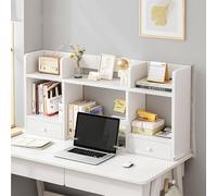 3-Tier Desktop Bookshelf with Drawers - Compact Office Desk Simple Computer Table Shelf for Bedroom & Living Room White Multi-Layer Storage Solution