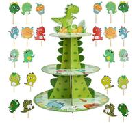 3 Tier Dinosaur Cupcake Stand,Cardboard Cupcake Stand Holder, 24 PCS Cake Toppers, Cake Stands For Display, Cartoon Dessert Ornament,Dinosaur Theme Birthday Party Decorations