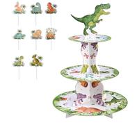 3 Tier Dinosaur Cupcake Stand Dessert Display Stand with 16Pcs Dinosaur Cupcake Toppers, Dino Theme Birthday Party Supplies Dinosaurs Birthday Party Decorations for Kids