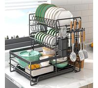 3 Tier Dish Drainer Rack, Sink Drainer with Drip Drainboard Tray Dish Drying Rack with Cups Utensils Holder Space-Saving for Small Kitchen Countertop, Black