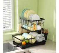 3-Tier Dish Drying Rack with 360° Rotating Drainboard - Rustproof Carbon Steel Dish Drainer with Cutlery & Utensil Holders, Space-Saving Kitchen Organiser, Easy Assembly, Black 49 x 31 x 40.5cm