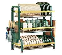 3-Tier Dish Drying Rack with Removable Drain Tray | Carbon Steel Kitchen Strainer | Extra Long Tableware Holder & Dinnerware Drainer | Green-Gold Design