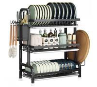 3-Tier Dishes Drying Rack, Black Dish Drainers Rack with Drip Tray, 63*27*14cm, with Draining Board and Cutlery /Chopping Board Holder over Sink, Stainless Steel Dish Storage Rack with 4 Hooks