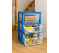 3 Tier Drawer Plastic Storage Tower - Large Durable Drawer Unit for Toys, Office, School, Crafts & Home | Transparent Drawers Organizer | Vertical Plastic Storage Solution 80x38x38cm (Blue)