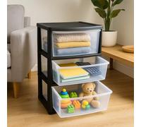 3 Tier Drawer Plastic Storage Tower - Large Durable Drawer Unit for Toys, Office, School, Crafts & Home | Transparent Drawers Organizer | Vertical Plastic Storage Solution 80x38x38cm (Black)