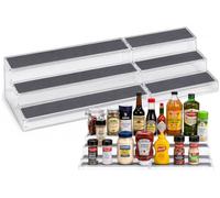 3-Tier Expandable Plastic Spice Rack - Adjustable Length, Stability with Non-Skid Shelf, Three Tiers for Easy Visibility, Organizer for Kitchen Cabinet, Pantry or Countertop, White/Grey