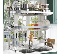 3 Tier Extra Large Stainless Steel Expandable Over The Sink Dish Drainer Drying Rack, Rust Proof Metal, Space Saving, Modern Black Big Capacity Extendable Plate Strainers Above The Kitchen Counter