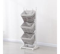 3-Tier Floor Stand with Water Hyacinth Storage Baskets, Vertical Rack for Living Room, Laundry, Bedroom, Bathroom, Office Organization, Three Layers