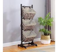 3-Tier Floor Stand with Water Hyacinth Storage Baskets, Vertical Rack for Living Room, Laundry, Bedroom, Bathroom, Office Organization, Three Layers