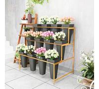 3 Tier Flower Display Stand with Wheels, Iron Frame and Plastic Buckets for Patio Garden and Living Room Decor