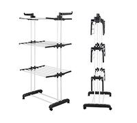 3 Tier Foldable Clothes Drying Rack on Wheels Laundry Dryer with Side Wings & Shoe Shelf Space Saving Laundry (Black White 75×49×170 cm)