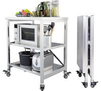 3-Tier Foldable Kitchen Cart with Locking Wheels, Stainless Steel Top, Rolling Utility Trolley, Space-Saving Storage Island for Small Spaces