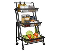 3-Tier Foldable Metal Rolling Trolley Cart with Casters - Sturdy for Kitchen Bathroom Office Laundry - Convenient rage Solution
