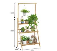 3-Tier Foldable Wooden Ladder Shelf with Hanging Rod