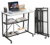 3-Tier Folding Desk With Wheels & Shelves, Space-Saving Rolling Workstation