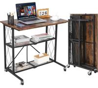 3-Tier Folding Desk With Wheels & Shelves, Space-Saving Rolling Workstation