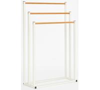 3 Tier Freestanding Towel Rack - Bathroom Towel Holder with Wooden Rails, Space Saving Drying Stand for Bath Sheets & Hand Towels - Modern Metal Frame, White & Wood Finish
