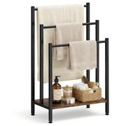 3 Tier Freestanding Towel Rack, Towel Stand with 3 Metal Towel Rails and Storage Shelf, Towel Holder with Non-Slip Feet for Bathroom Accessories Organizer Storage, Brown
