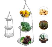 3 Tier Fruit Basket, Vegetable Kitchen Storage Basket Chain Hanging Space Saving Rustic Country Style (Silver)