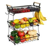 3 Tier Fruit Basket With 2 Banana Hangers - Countertop Fruit Vegetable Basket Bowl For Kitchen | Stainless Steel Countertop Kitchen Fruits Vegetable Bread Snack Storage Baskets | Space-Saving Design