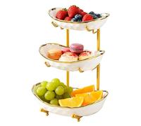 3 Tier Fruit Bowl for Kitchen Counter,Ceramic Fruit Basket with Metal Stand, Serving Tray for Snacks, Nuts, Cakes, Desserts, Bread, Candy Storage for Party Wedding, White