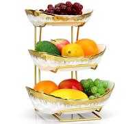 3 Tier Fruit Bowl for Kitchen Counter,Ceramic Fruit Basket with Metal Stand,Tiered Holder for Displaying Snacks, Vegetables, Nuts, Desserts, Bread, Candy Storage, Modern Countertop Organizer