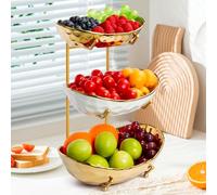 3 Tier Fruit Bowl for Kitchen Counter, White Gold Ceramic Fruit Stand for Countertop, Home Fruit Rack with Metal Holder, Vegrtable Bowl Snacks Nuts Bread Candy Storage (Gold, Small)