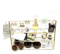 3-Tier Glass Triangular Prism Shaped Jewelry Stand Display Case with Vintage Style Brass Tone Metal Frame (Large)